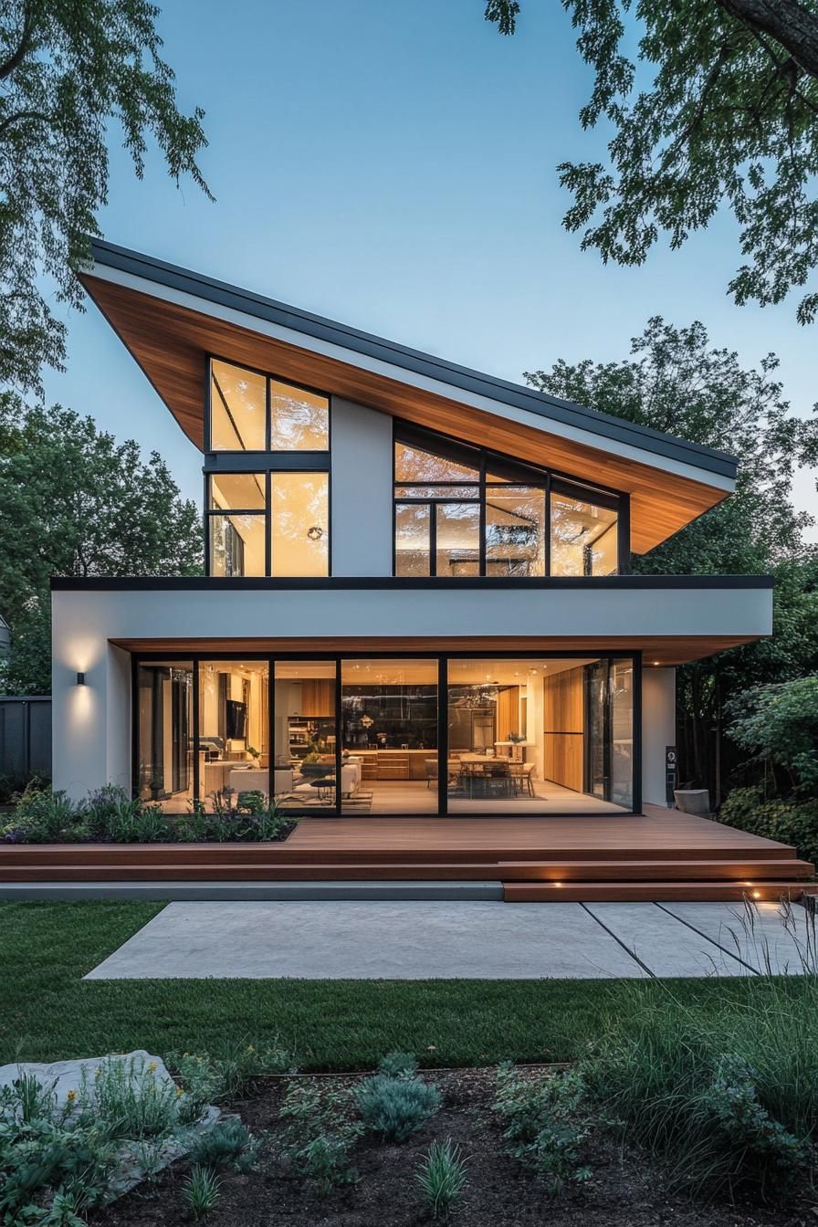 Modern house with a skillion roof at dusk