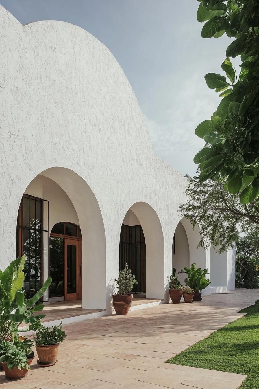 White villa with grand arches and greenery