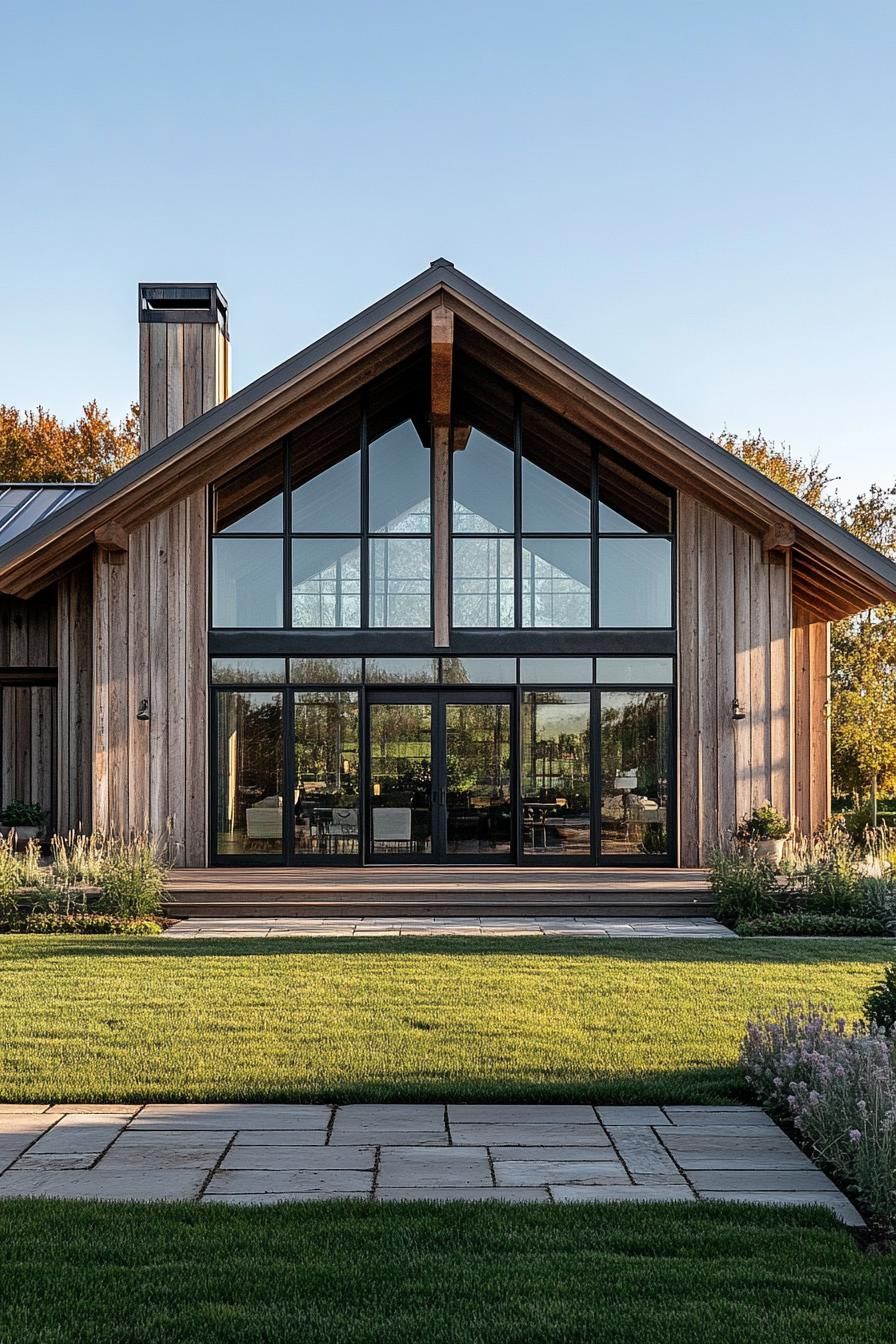 Wooden barndominium with large windows and a chimney