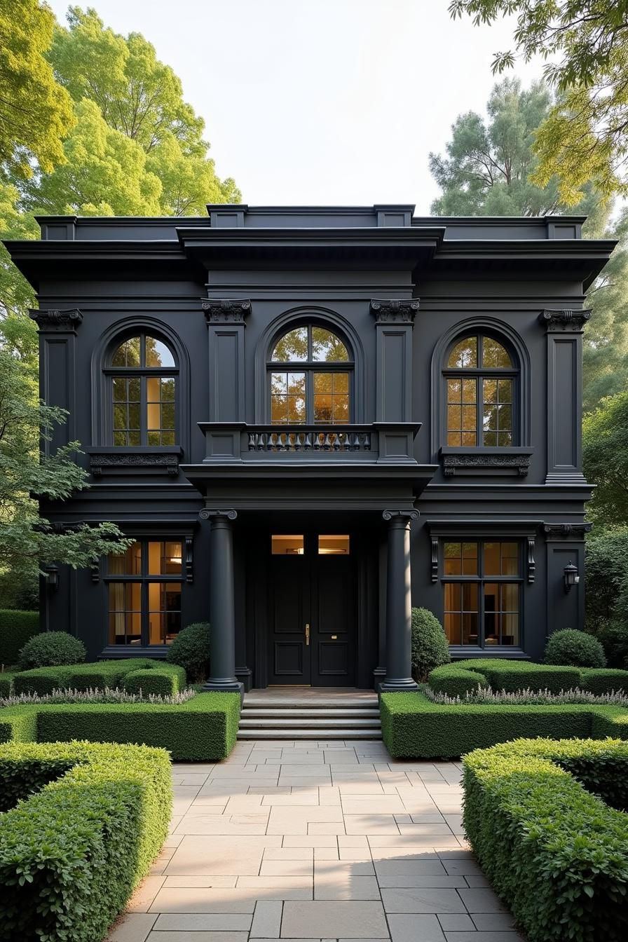 Dark-colored classic mansion with lush green surroundings