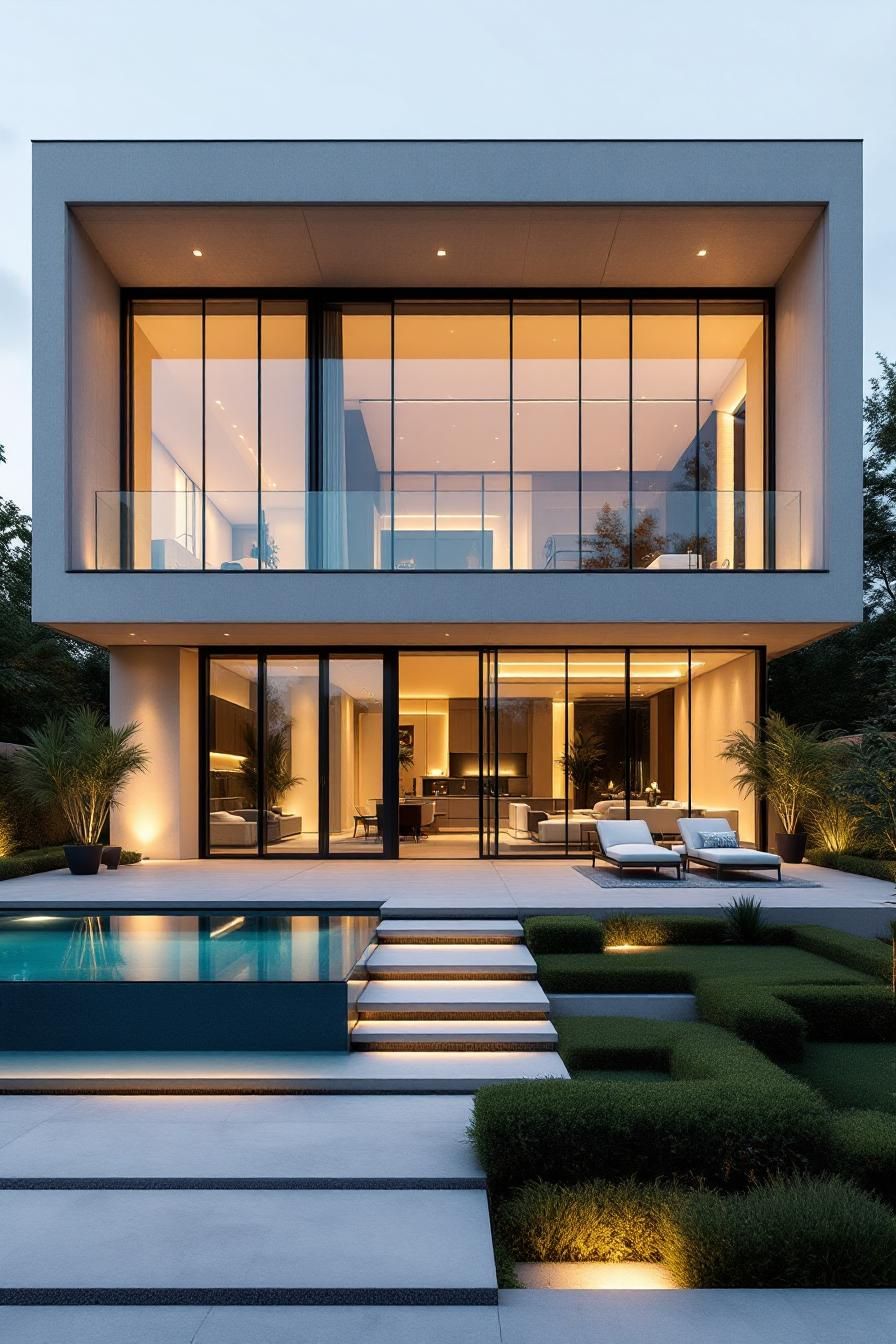 Modern luxury home with large windows and pool