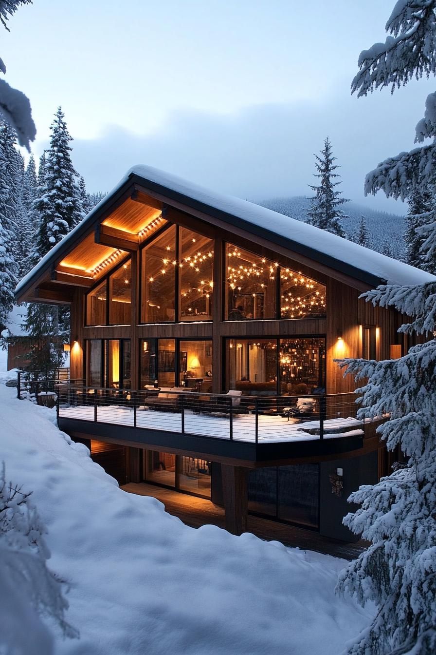 Wooden cabin surrounded by snow and trees with glowing lights inside