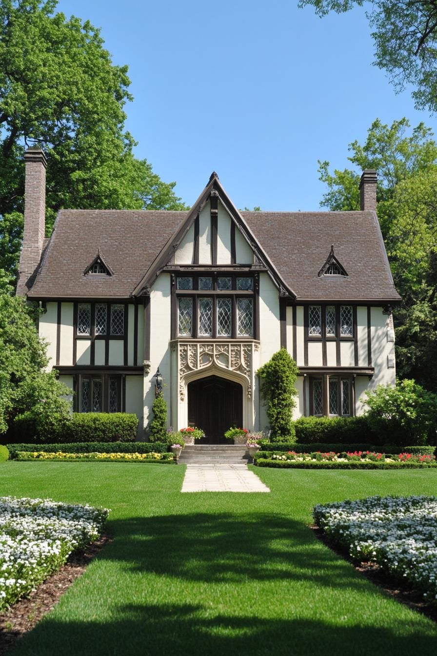 A grand Tudor house with lush greenery and elegant details