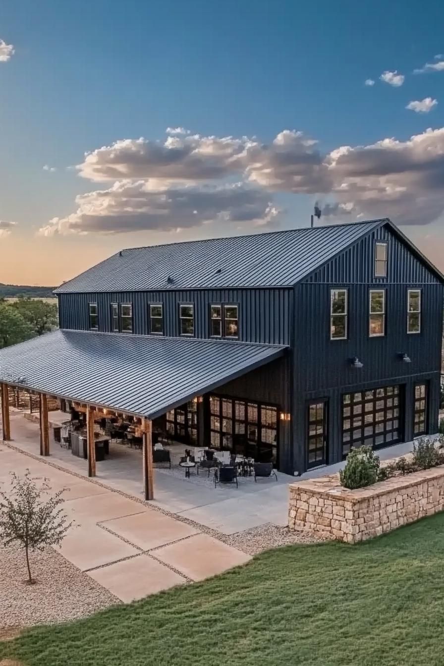 high angle view of a large black shouse barndominium with large side porch large patio and yard stone patio fence large garage doors