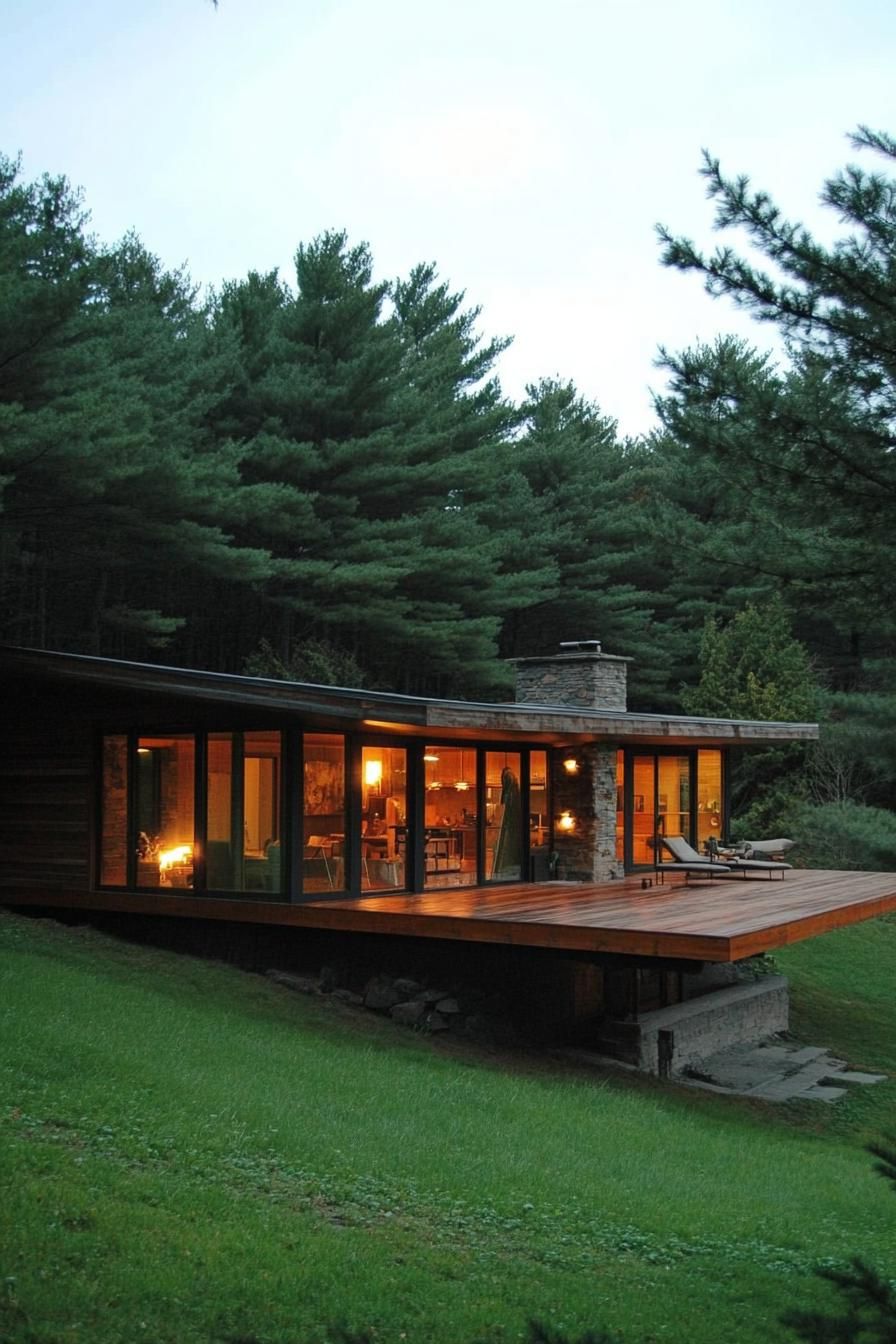 earth sheltered house built into a green hillside bank with large wooden deck large modern windows reclaimed wood siding tall pine trees in the 3