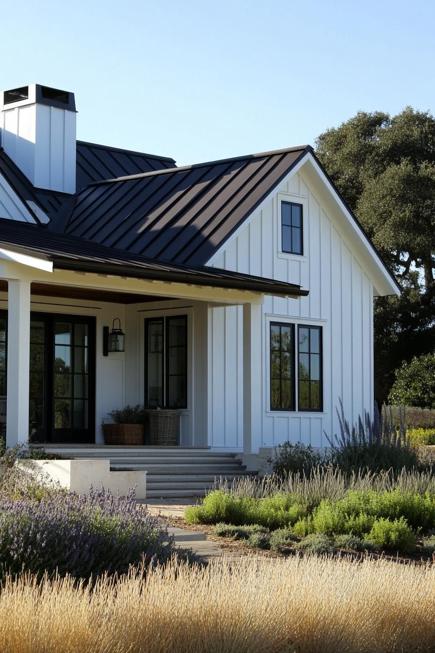 White one-story house with a dark metal roof and lush garden