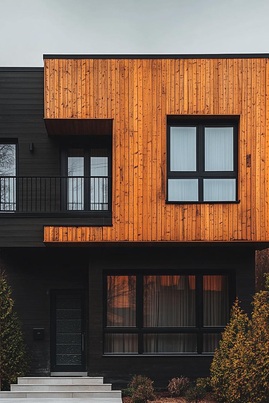 Wooden facade with black accents and large windows