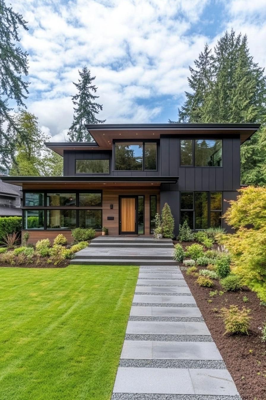 Modern house with black and wood exterior surrounded by lush greenery