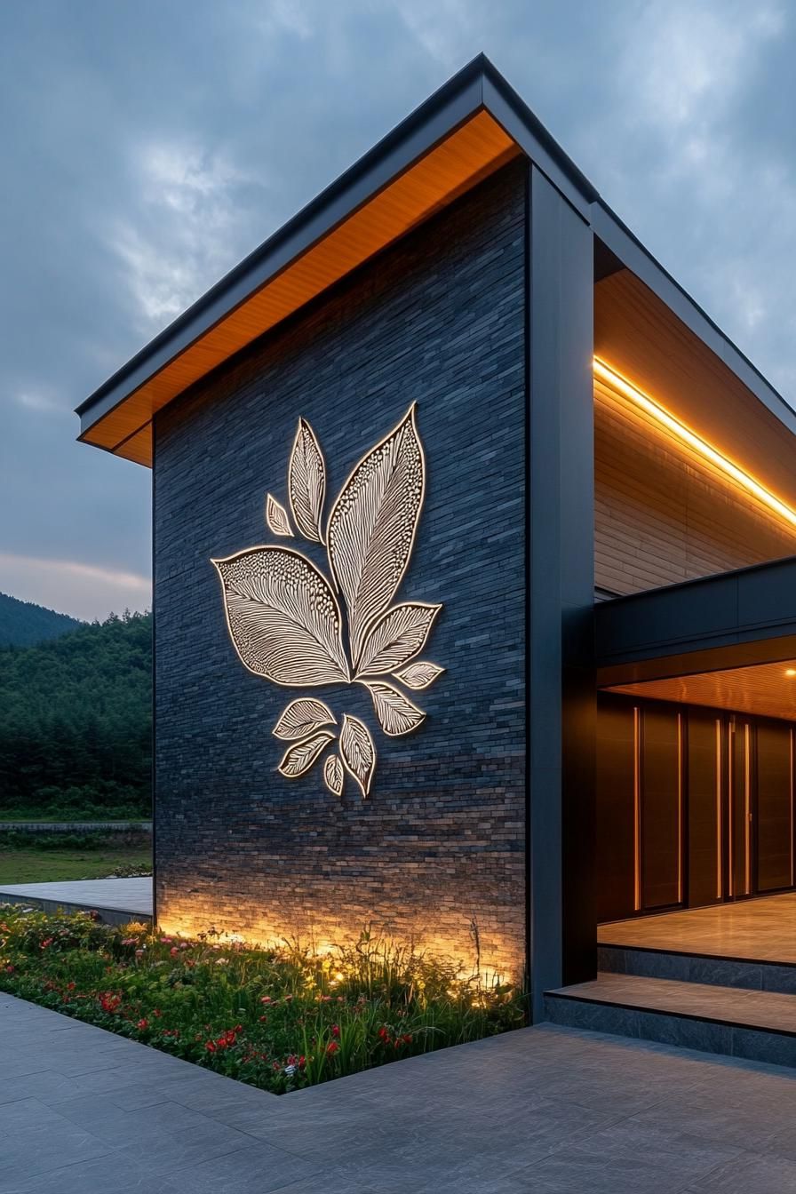 Modern house facade with illuminated leaf design