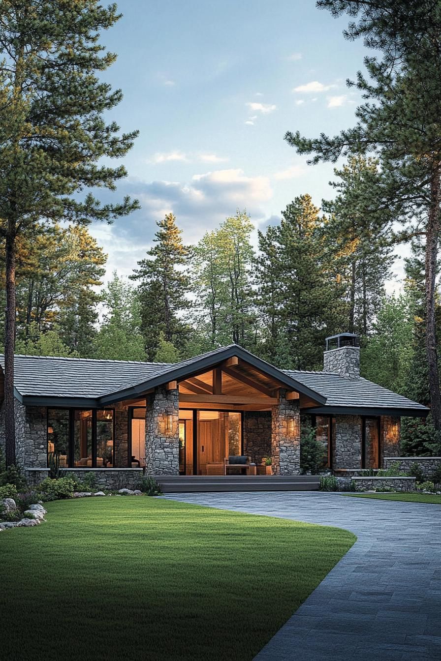 One-story stone house surrounded by trees