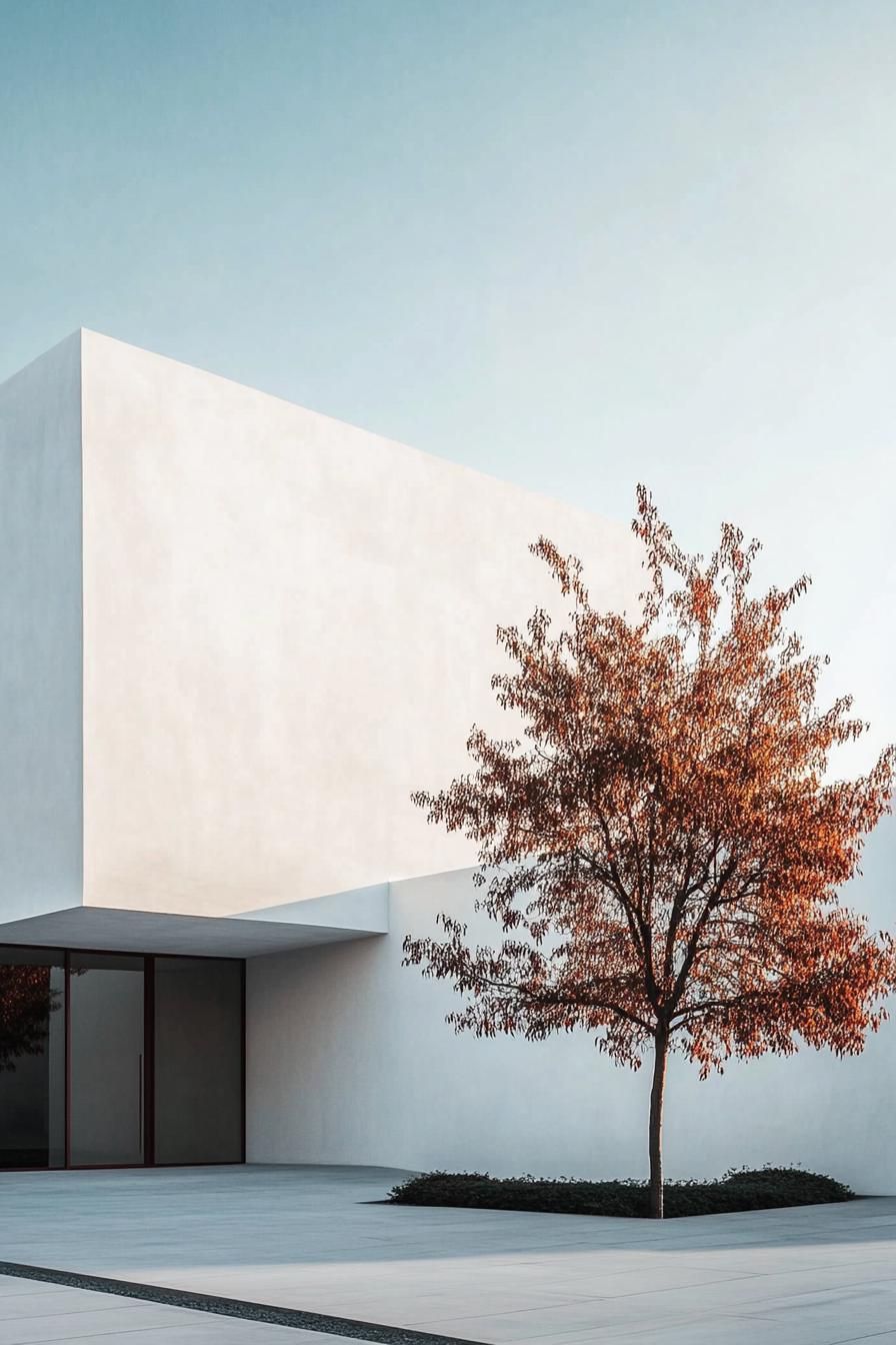 Modern white minimalist house with a small tree in the foreground