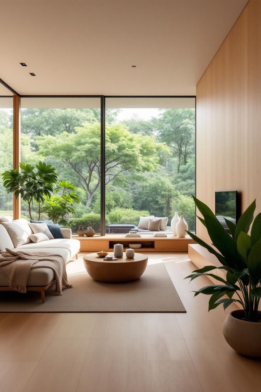 Contemporary living room with lush outdoor view