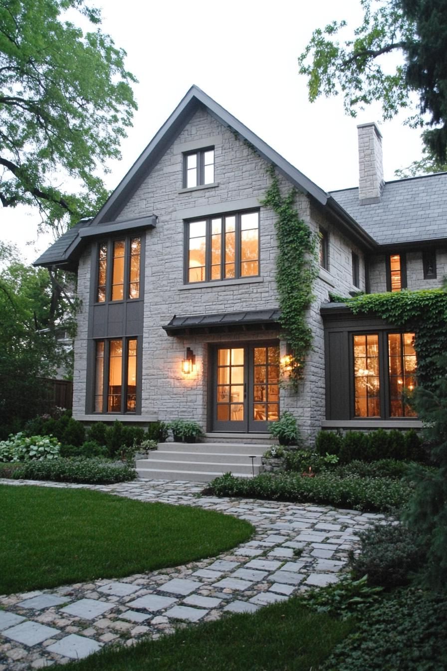 Charming stone house with glowing windows and ivy