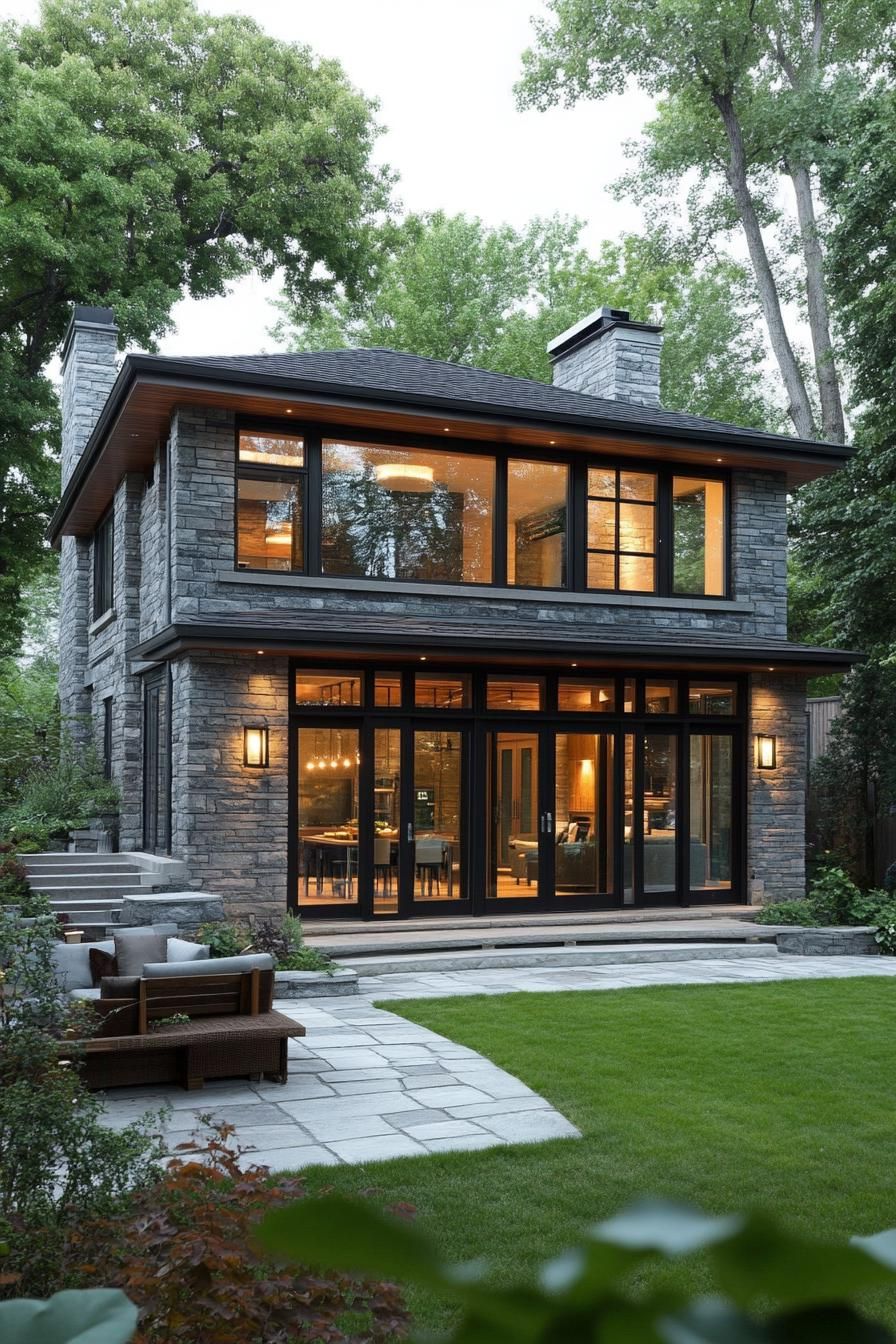 Modern stone house with large windows and lush green surroundings