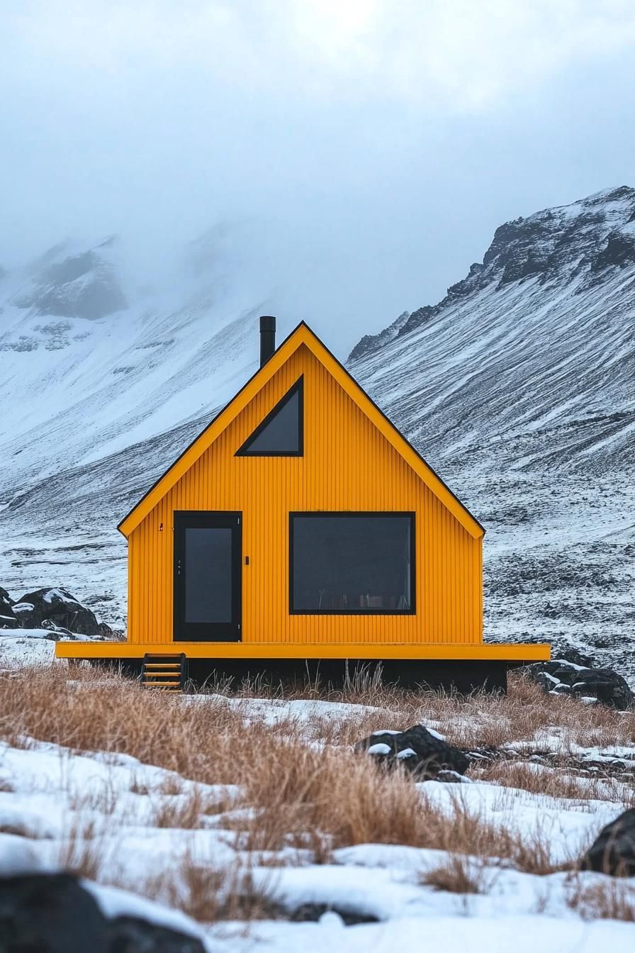 Bright yellow cabin with triangular roof in snowy landscape