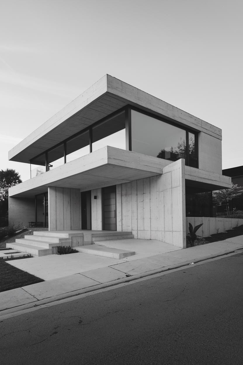 Minimalist concrete house with large rectangular windows