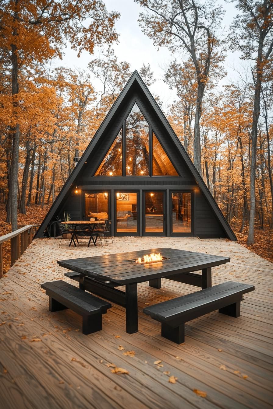 modern tiny a frame forest cabin on a large deck with benches built into the railings dining table with gas firepit v 6.1