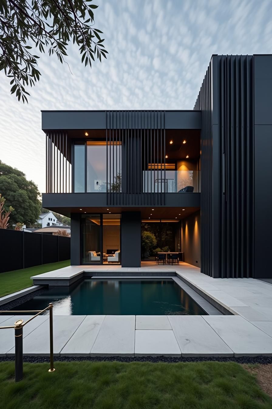 Sleek black house with pool and grass