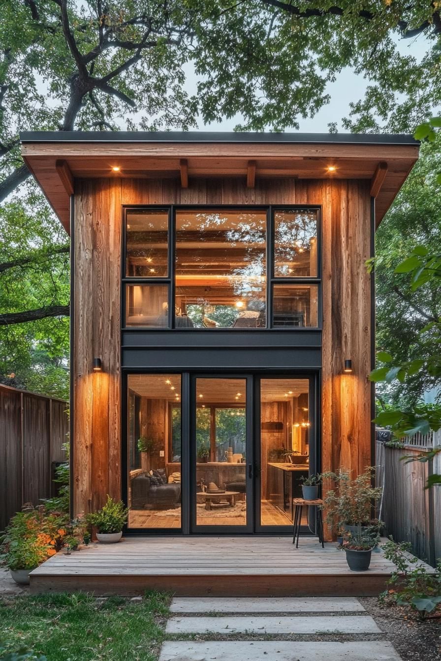 Cozy two-story wooden shed with large glass windows