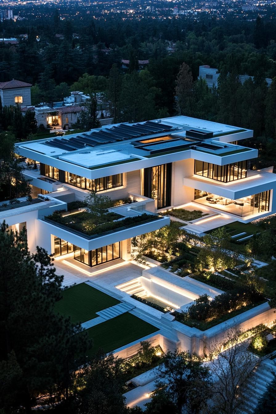 Luxurious mansion with sleek architecture at dusk