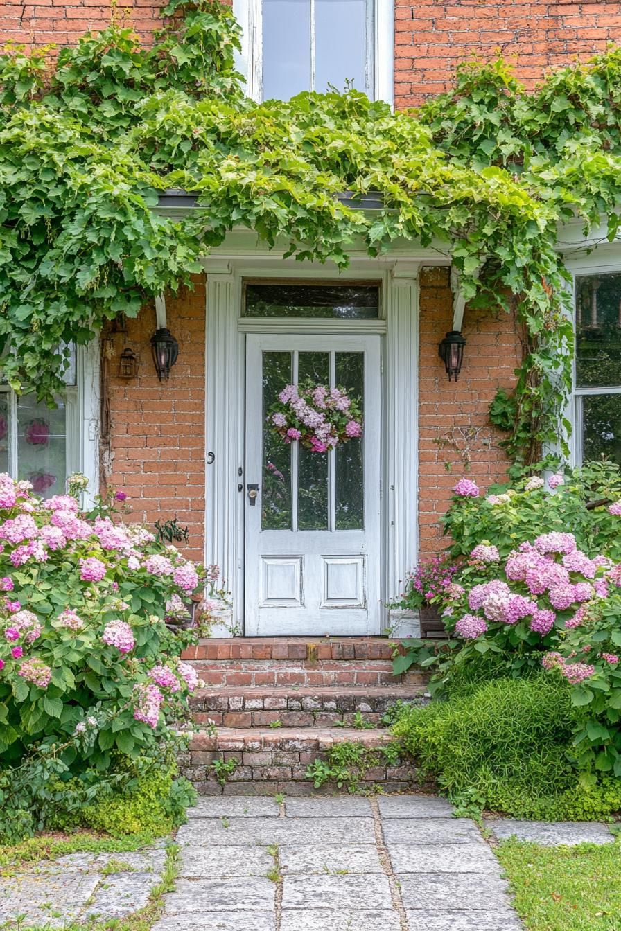 countryside brick cottage front porch with lush flower bushes and flower vines on facade modern door with glass panels 2