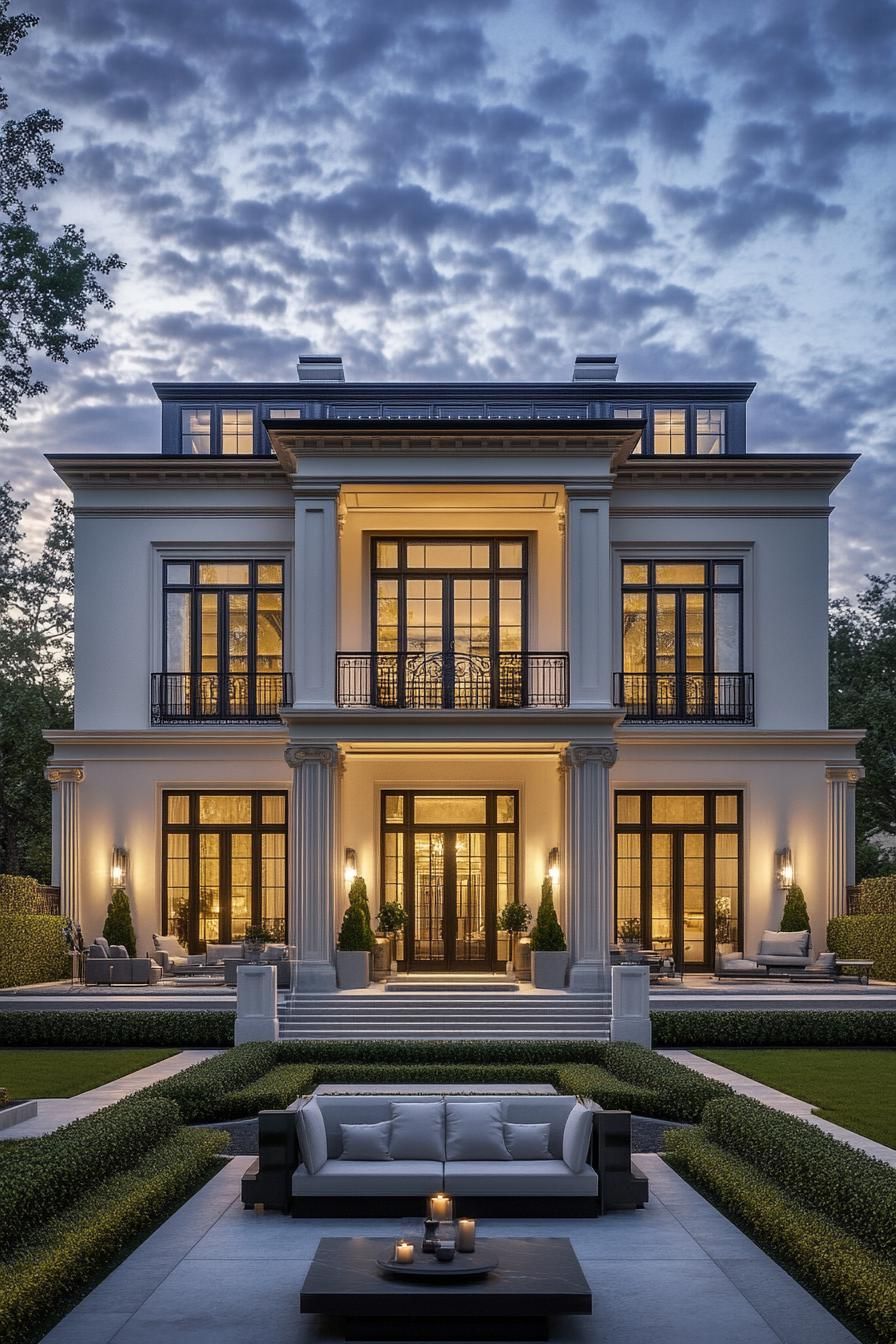 Elegant house with grand pillars at sunset