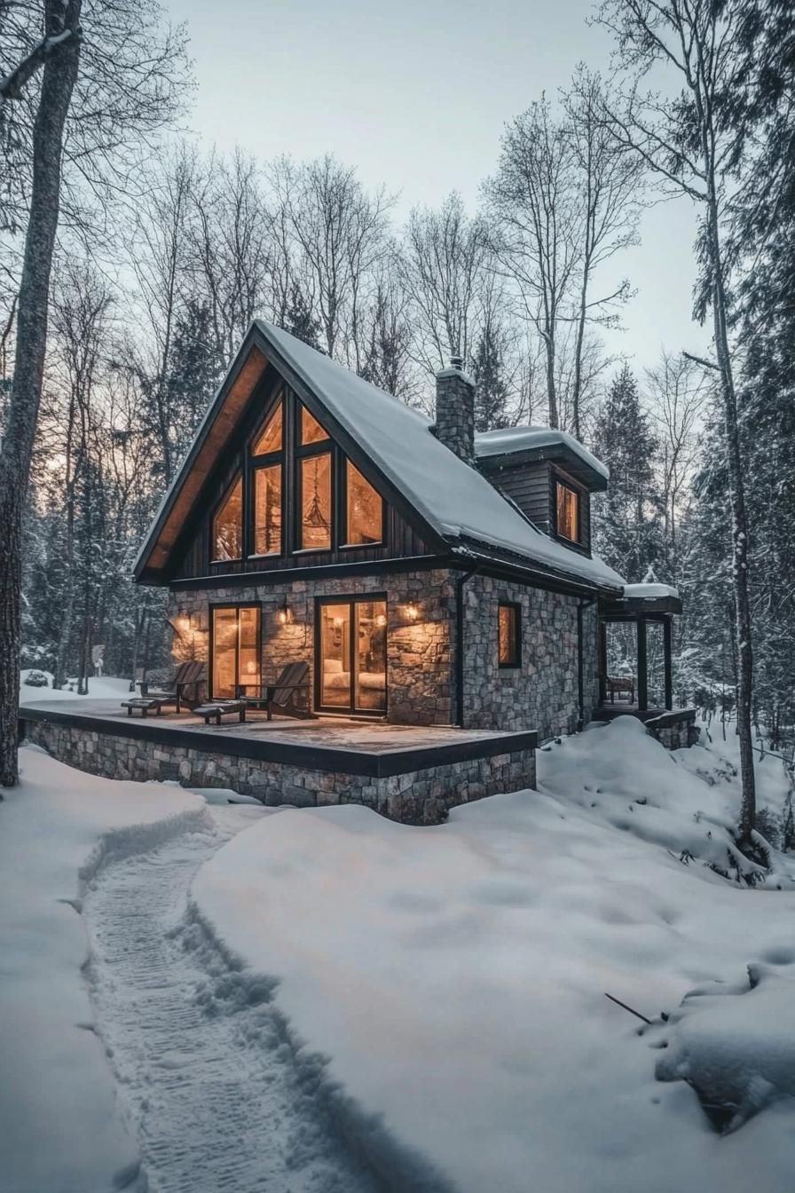 modern forest chalet in stone siding and dark wood details large porch with adirondack chairs v 6.1 1