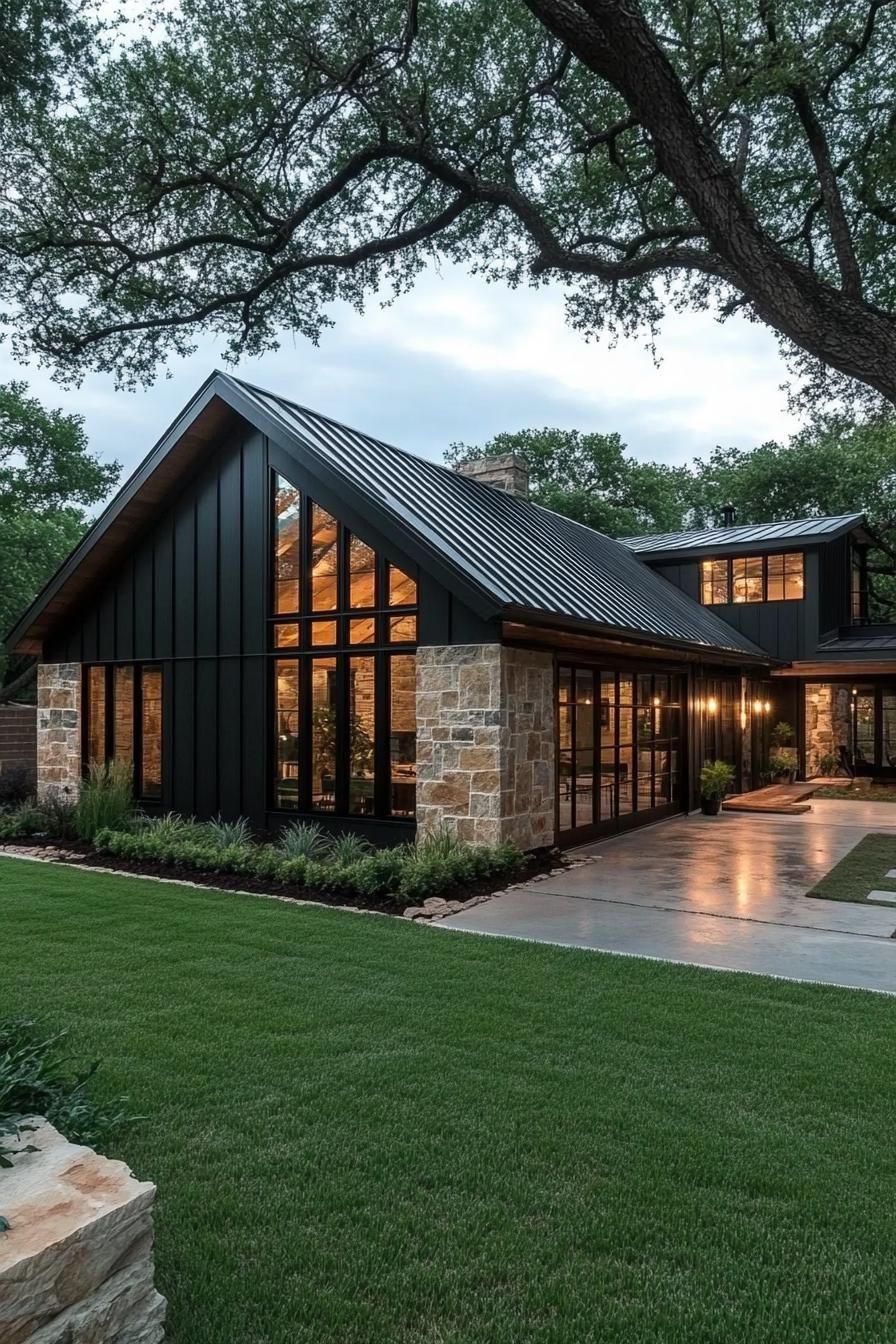 Modern barndominium with large windows and stone accents surrounded by trees