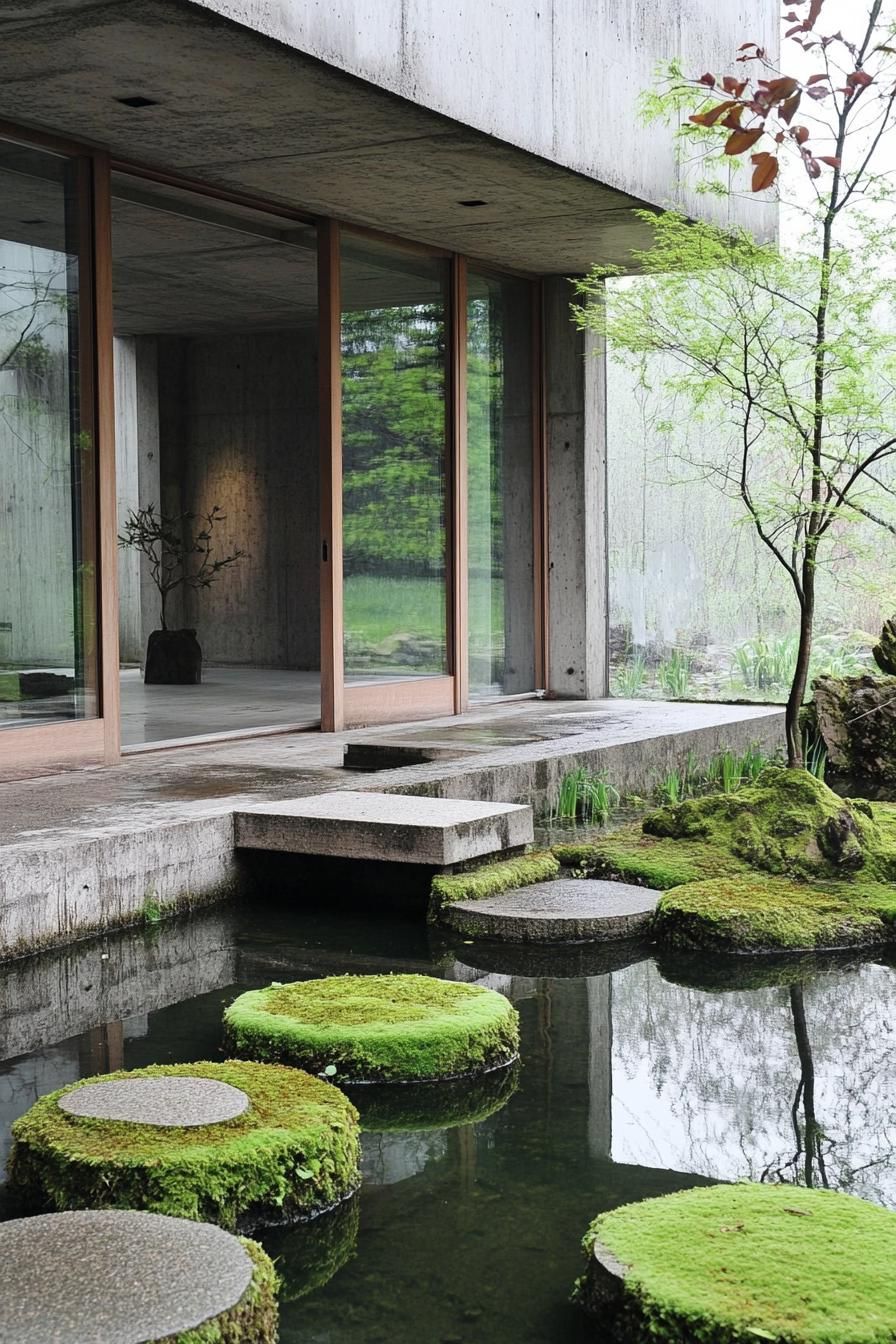 Modern Japanese house with mossy stepping stones and glass walls