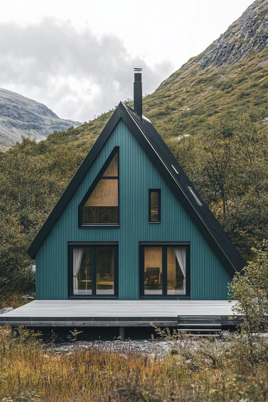 A-frame house with large glass windows in a lush valley setting