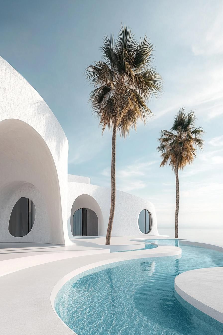 clean white modern courtyard with curvy pool round arches lone tall palms in corners dreamscape architecture 2