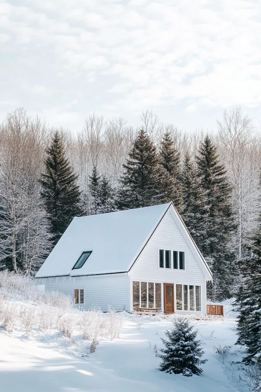 high angle view of a modern a frame house with white siding and white roof in stunning winter Nordic landscape