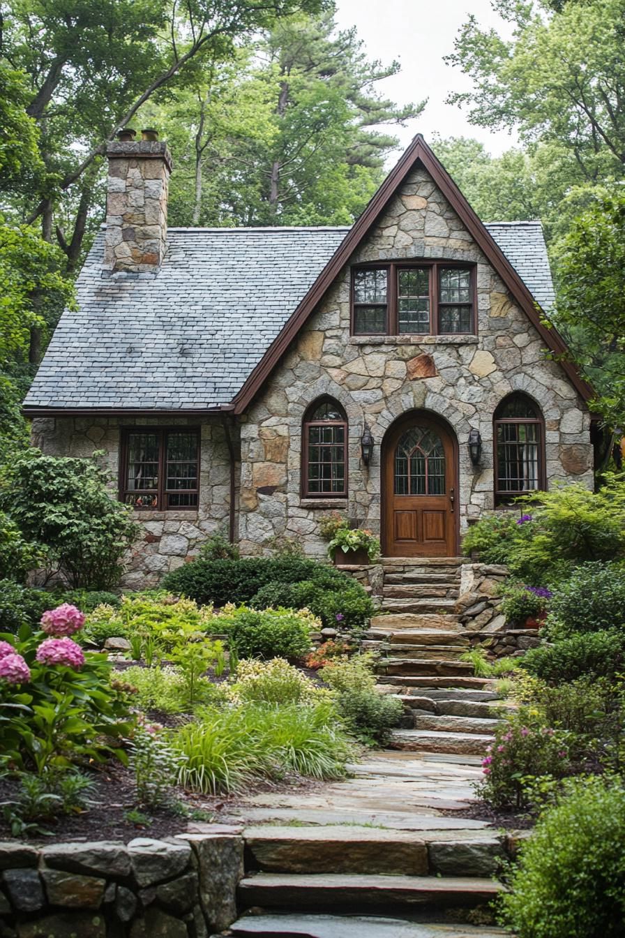 Stone cottage amidst lush greenery with charming entrance