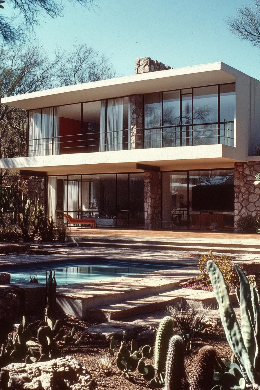 Contemporary glass house with a sleek pool and cacti