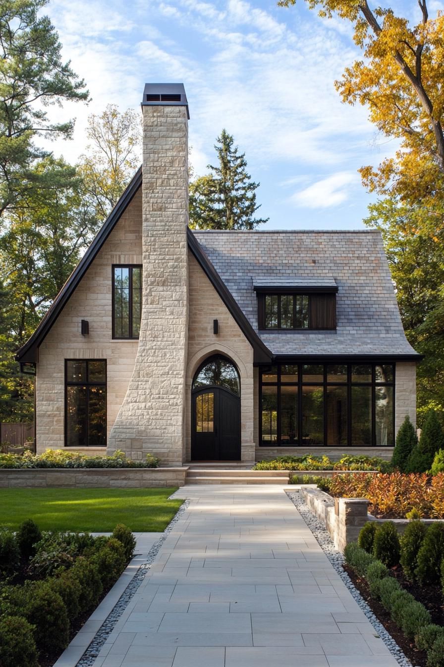 contemporary cottage style house with multi pitch roof chimney limestone brick siding arched modern windows arched front door large tile paved 3