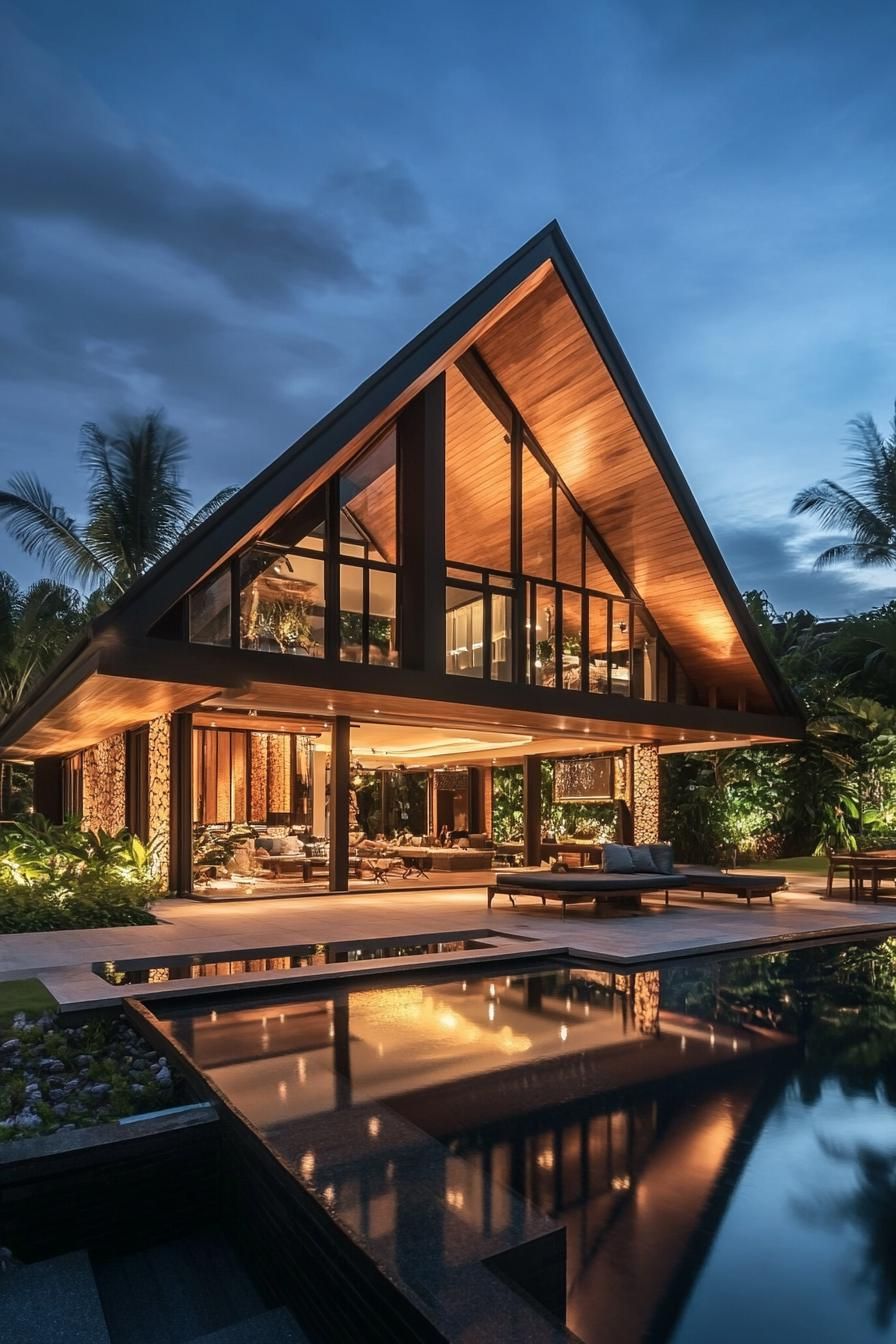 Modern Thai home with triangular roof and pool