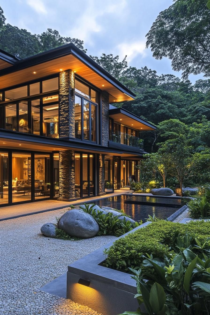 Modern Thai house with large windows and lush garden