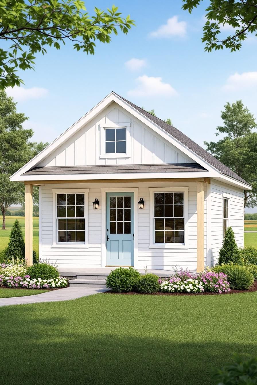 Cute white cottage with light blue door