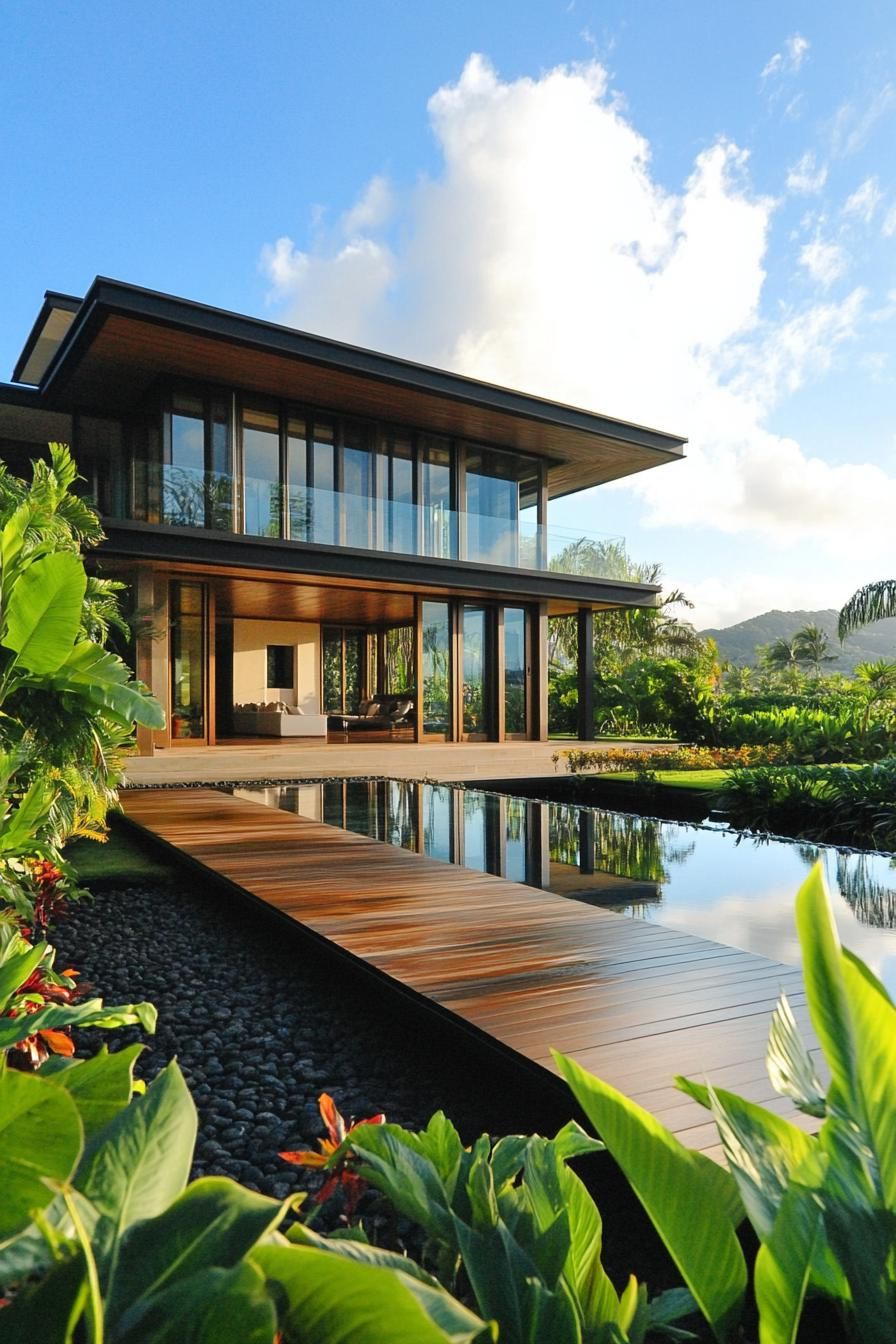 Modern tropical villa with lush foliage and sleek design