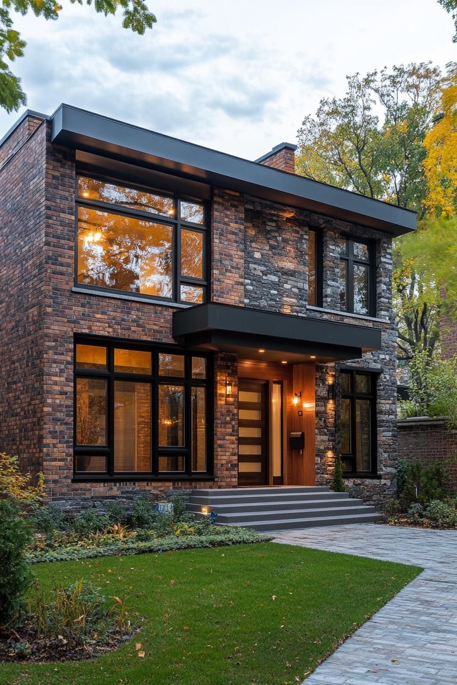 Modern brick house with large windows and lush garden