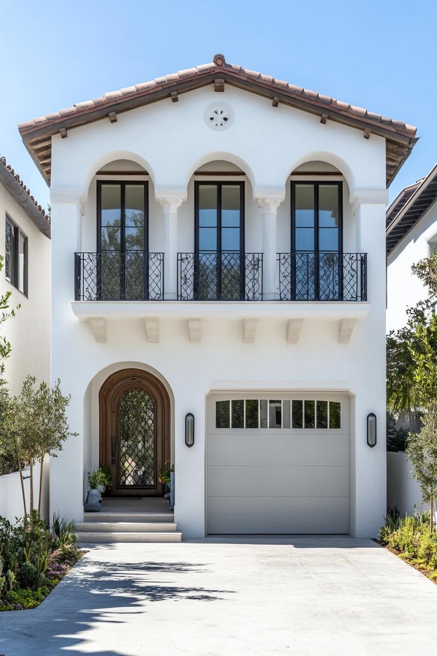 minimalist small white concrete house facade with a row of narrow arches covering balcony and windows under the balcony there is a column of small