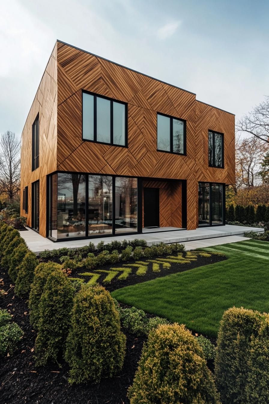 contemporary house geometric facade in all wood siding with pattern slatting large windows landscaping with geometric shrubs and lawn no roof 1