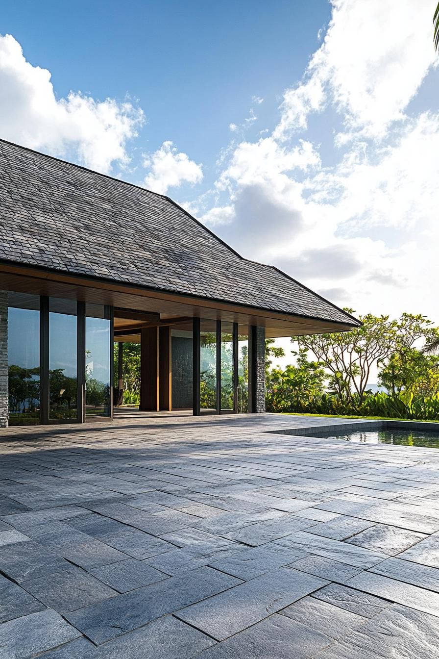 Modern Balinese house with stone patio and large glass doors