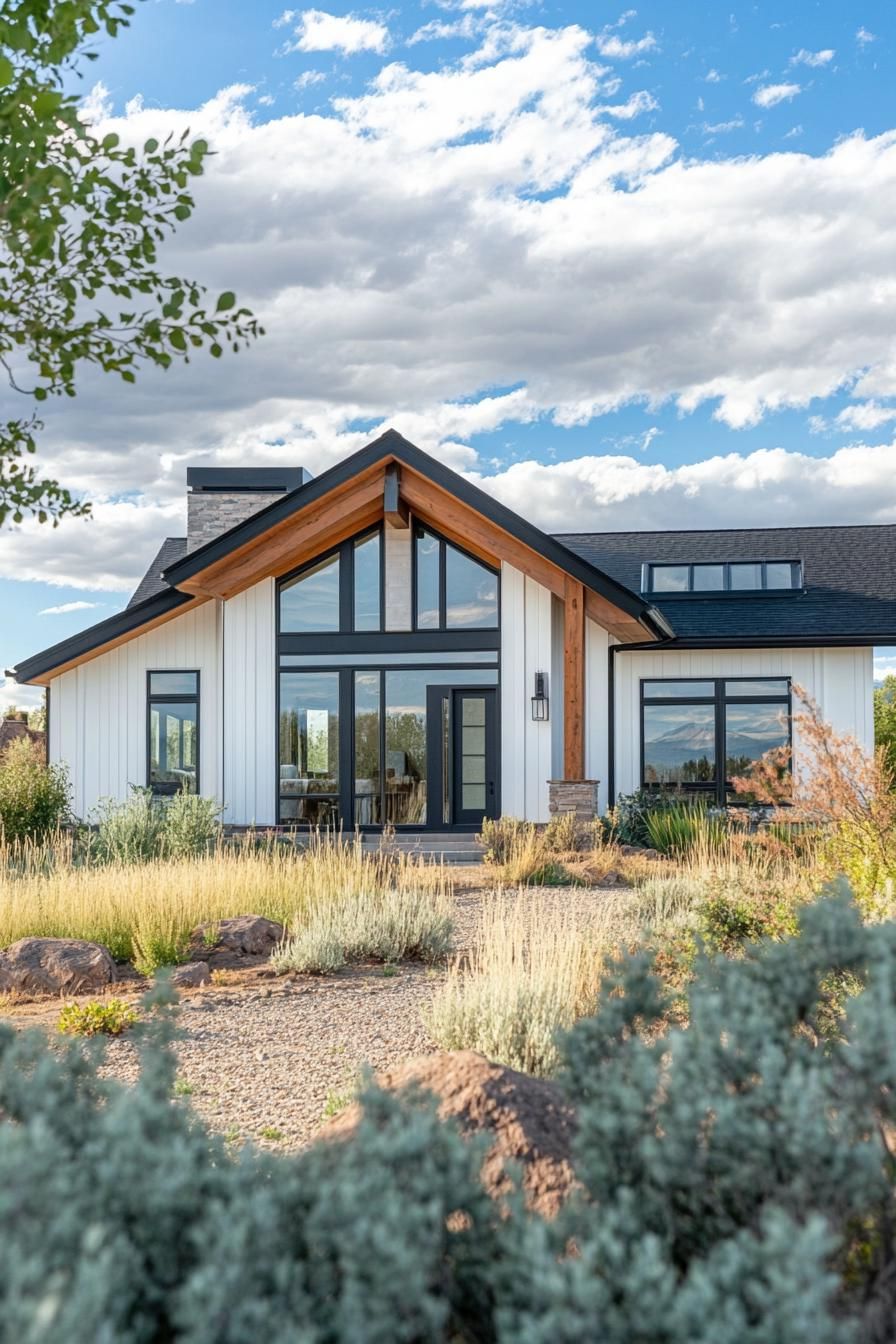 Modern ranch house with sloped roof and large front windows