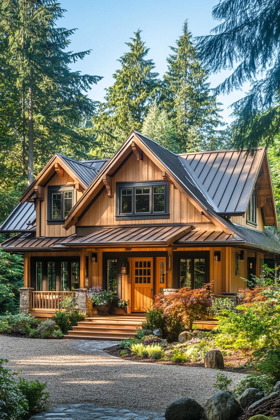 Charming cabin surrounded by tall trees