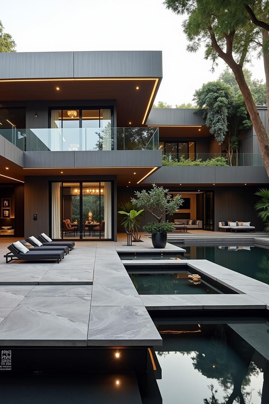 Modern concrete and glass house with poolside seating