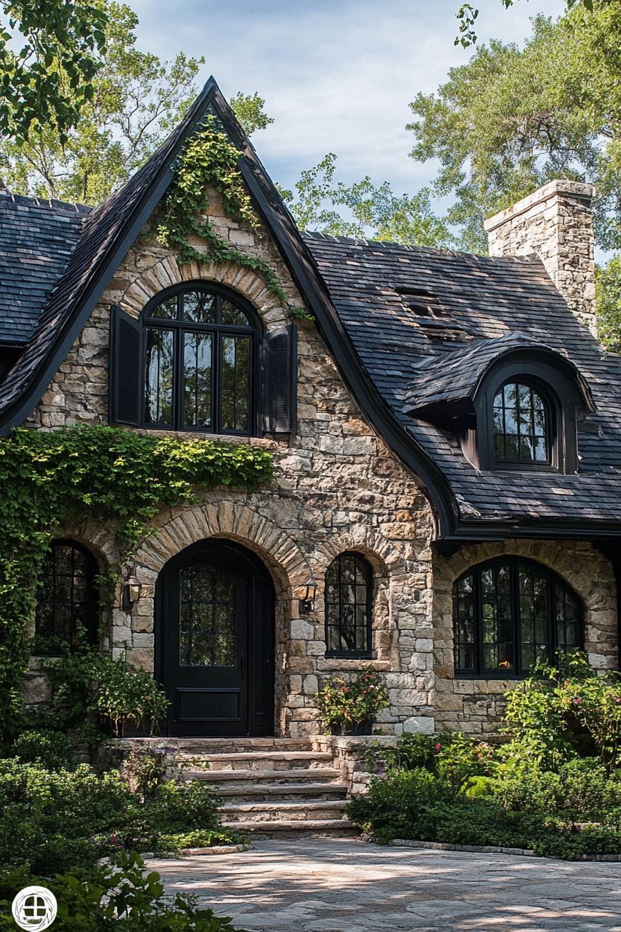 Rustic stone cottage with arched windows