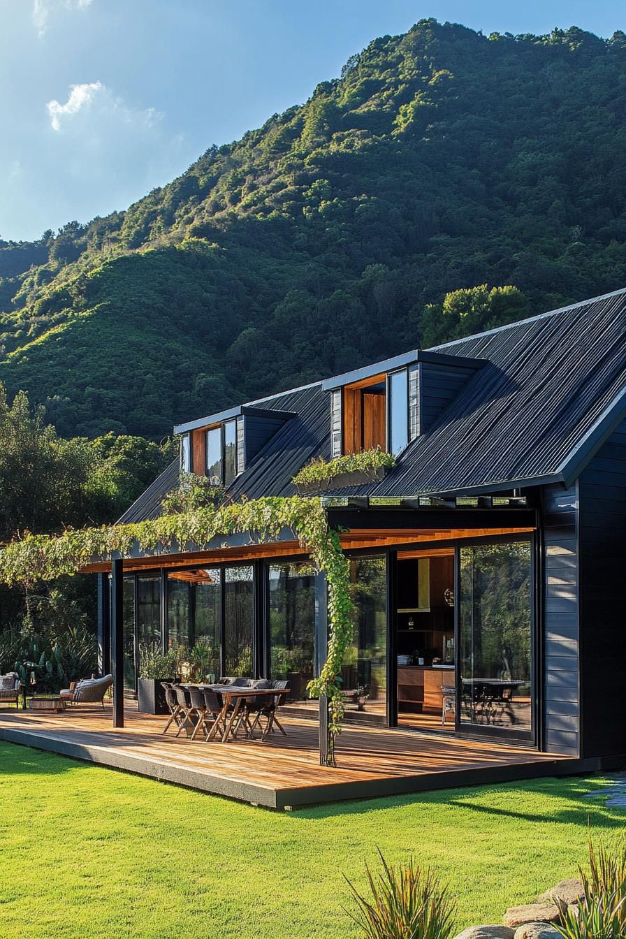 Modern long house with greenery on its deck