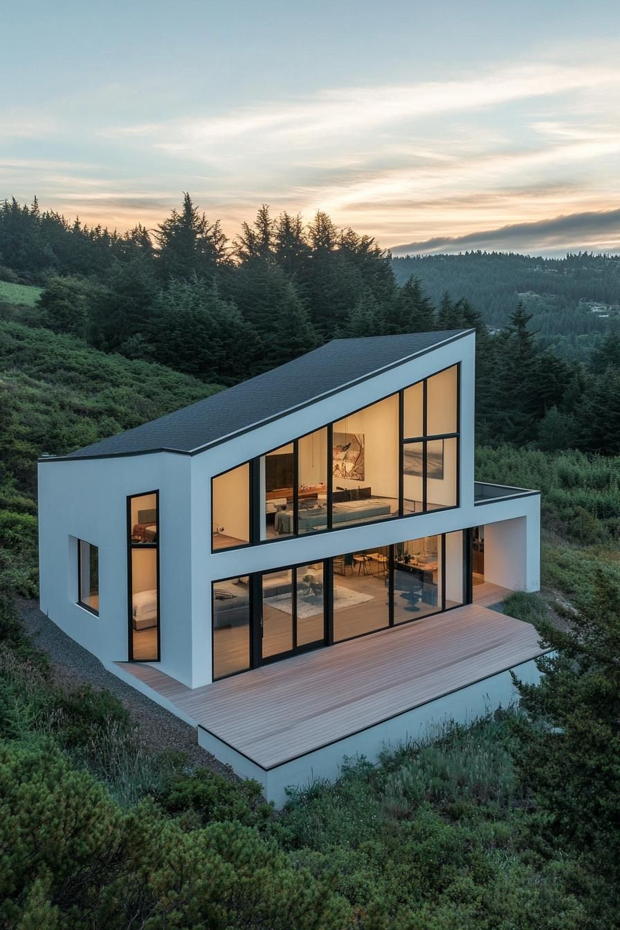 Modern house with slanted roof and large windows