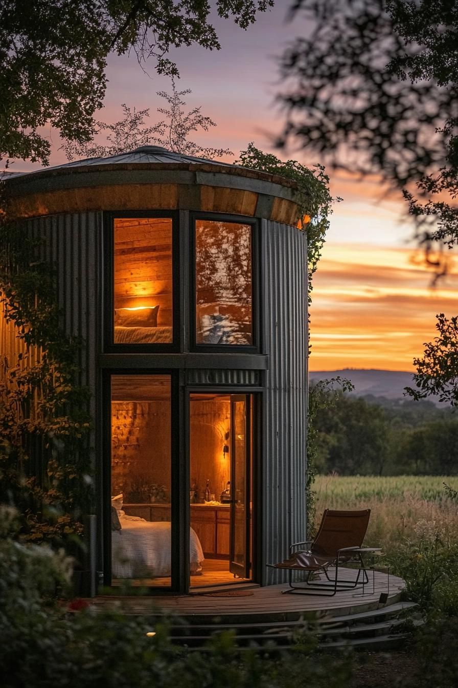 a cabin made of grain silo it has big modern windows and entrance a small patio outdoor chairs